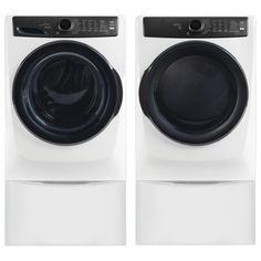 the front load washer and dryer combo are shown in white, with black accents