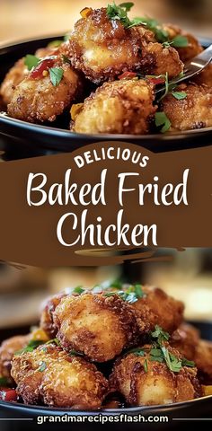 delicious baked fried chicken is served on a black plate with a brown border around the edges