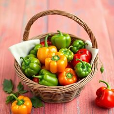 a basket filled with green and red peppers on top of a wooden table next to two orange bell peppers