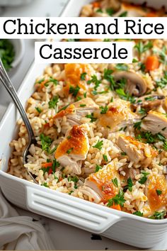 chicken and rice casserole in a white dish