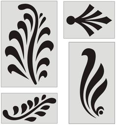 four different stencils that are designed to look like flowers and leaves in black on white