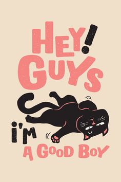 a black cat with the words hey guys i'm a good boy on it