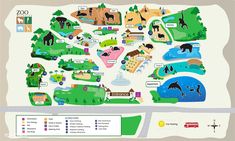 a map of the zoo with animals and other things to see in it's surroundings