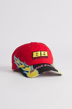 Racing look flame dad hat with embroidered detailing. Paneled hat in an adjustable fit with a strap closure back. Features Graphic racing flame dad hat Embroidered hat Adjustable fit Strap closure Content + Care Cotton Spot clean Imported Size Circumference: Adjustable | Graphic Racing Flame Dad Hat in Red, Men's at Urban Outfitters Urban Outfitters Adjustable Snapback Hat, Red Dad Hat With Embroidered Logo And Curved Brim, Red Dad Hat With Curved Visor For Streetwear, Red Snapback Hat For Streetwear With Curved Visor, Red Snapback Hat With Curved Visor For Streetwear, Red Trucker Hat With Curved Visor For Streetwear, Red Cap Outfit, Colorful Hats, 90s Hats