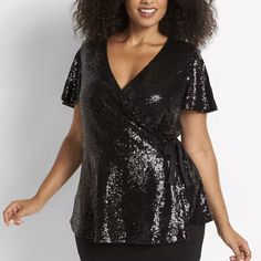 Lane Bryant Black Peplum Short Sleeve Faux Wrap V-Neck Sequin Lined Top Brand New - Without Hang Tag/Paper Tag. The Brand Name Inside Is Slightly Crossed Out To Prevent Returns To The Retail Stores. Material Shell: 97% Polyester, 3% Spandex Lining: 100% Polyester This Crossover Top Brings So Much Sparkle And Shine Thanks To The All-Over Sequin Detail. The Flattering Faux-Wrap Silhouette And Peplum Waist (Plus, The Vibrant Party-Ready Color!) Make It A Total Stunner No Matter How You Style It. Cr Glamorous V-neck Tops For Date Night, Chic Fitted V-neck Top For Night Out, Fitted Elegant V-neck Top For Party, Fitted V-neck Top For Spring Party, Fitted V-neck Long Sleeve Top For Party, Fitted Chic V-neck Top For Night Out, Elegant Surplice Neckline Blouse For Party, V-neck Sequin Blouse For Night Out, Elegant Fitted V-neck Top For Party