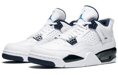 The Air Jordan 4 Retro LS 'Legend Blue' is a beautifully remastered version of the 1999 Air Jordan 4 'Columbia.' The first thing you'll notice about this shoe is the lovely white tumbled leather upper with perforated leather quarter panels. This was a change from the standard mesh netting and really makes the shoe stand out. The 'Columbia' was the first Air Jordan colorway that wasn't part of the original 1989 release, so it's truly unique. If you're looking for a one-of-a-kind sneaker with a ri Jordan 4 White, Nike Air Jordan 4, Dr Shoes, Blue Jordans, Jordan Shoes Retro, Retro 4, Shoes Stand, Cute Nike Shoes, Air Jordan Retro