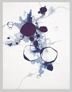 an abstract painting with blue and purple shapes on white paper, including circles and lines