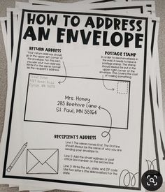 four envelopes with instructions for how to address an envelope