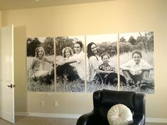 three black and white pictures hanging on the wall above a chair in a living room