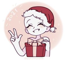 a drawing of a person holding a gift box and giving the peace sign with their hand