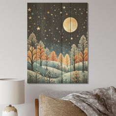 a bedroom with a bed, night sky and stars on the wood paneled wall