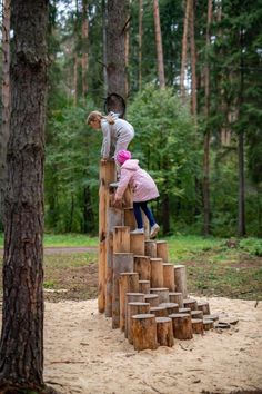 two children playing on wooden blocks in the woods