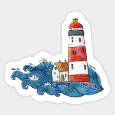 a drawing of a lighthouse with waves around it