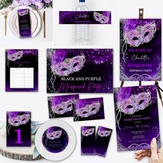 purple and black masquerade themed wedding stationery with menus, place cards, napkins