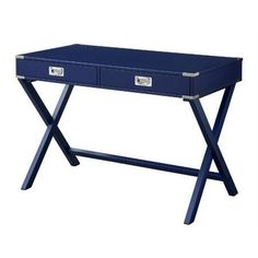 a blue desk with two drawers on the top and one drawer at the bottom that is open