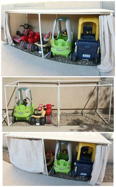 two pictures showing different types of lawn mowers and other things in their storage area