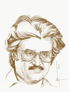 a pencil drawing of a man with glasses and a moustache on his face