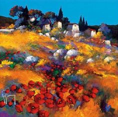 an oil painting of red poppies in a field with houses on the hill behind them