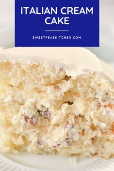 a close up of a piece of cake on a plate with the words italian cream cake