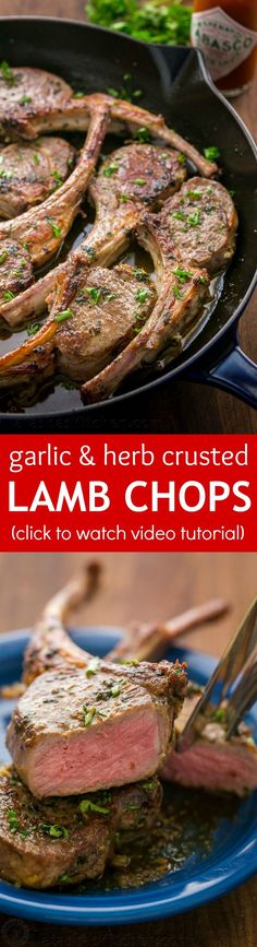 grilled lamb chops with garlic and herb crust in a cast iron skillet