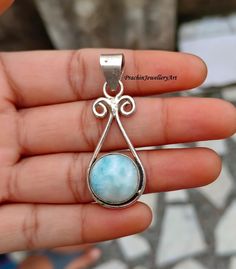 Larimar Gemstone Pendant, 925 Sterling Silver, Handmade Pendant, Wedding Jewelry, Round Shape Pendant, Anniversary Gift, Gift To Him MK131 Larimar Stone Benefits := Larimar is said to enlighten and heal in a physical, emotional, mental and spiritual way. It stimulates the heart, throat, third eye and crown chakras facilitating inner wisdom and outer manifestation. It represents peace and clarity, radiating healing and love energy. Larimar is believed to channel ancient wisdom from Atlantis durin Larimar Gemstone Jewelry For Wedding, Handmade Silver Larimar Necklace, Spiritual Larimar Gemstone Necklace, Silver Larimar Pendant Jewelry, Larimar Gemstone Pendant Necklace, Nickel-free Larimar Silver Jewelry, Love Energy, Larimar Stone, Les Chakras