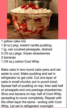 a recipe for cake mix in a glass bowl with strawberries on top and the instructions below