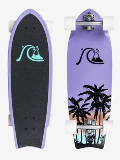 the skateboard is purple and has palm trees on it's side, along with an image of a wave