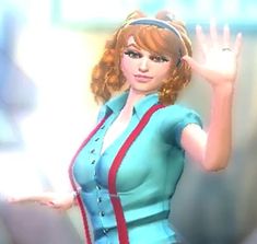 a woman with red hair wearing a blue dress and holding her hand up in the air