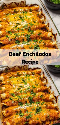 beef enchiladas in a casserole dish before and after being cooked