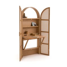 an open bookcase with a desk and books on it in front of a white background