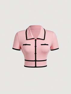 Rosa Casual Collar manga corta Tela tejida Color combinado  Embellished Estiramiento medio Spring Summer Capsule Wardrobe, Pink Contrast, Summer Capsule Wardrobe, Rose Bonbon, Y2k Clothes, Simple Trendy Outfits, Women T Shirts, Pink Outfits, Shein Tops