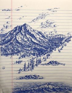 a drawing of mountains and trees on lined paper