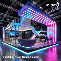 the exhibition stand design concept is designed to look like a futuristic building with neon lights