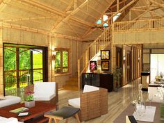 a living room filled with lots of furniture next to a wooden floor covered in windows