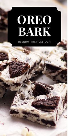 oreo bark brownies are stacked on top of each other