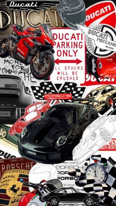 a collage of cars, motorcycles and stickers is featured in this image with the words ducati parking only on it