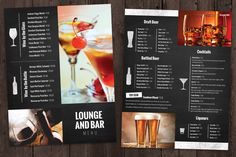 an image of a menu for a bar with drinks on the table and in glasses