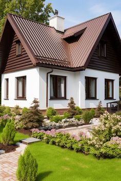 a white house with brown shingles on the roof and landscaping around it is surrounded by green grass