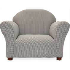 a grey and white checkered chair with wooden legs