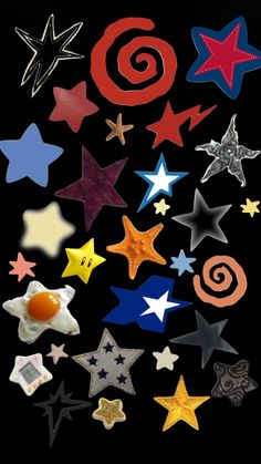 an assortment of stars and shapes on a black background