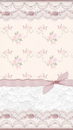 a pink and white wallpaper with roses on the border, laces and bows