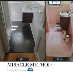 before and after photos of a bathroom remodel with tile flooring in pink