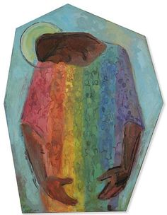 a painting of a person holding a rainbow umbrella