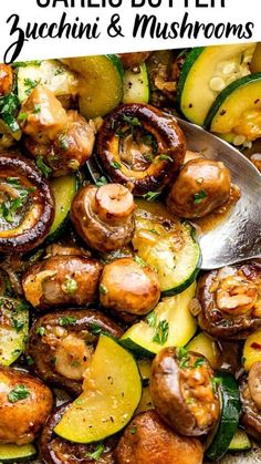 garlic butter, zucchini and mushrooms in a skillet with a serving spoon