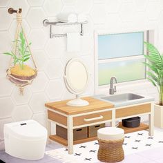 a bathroom with a sink, mirror and potted plant