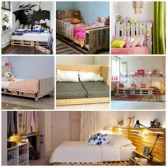 there are many pictures of different beds in this room and the bed is made out of pallets