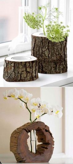 there are two different types of vases made out of wood and flowers in them