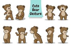 a set of cartoon teddy bears with different poses and postures for each bear to stand up