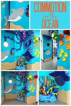 an ocean themed classroom door decorated with blue paper and sea animals, under the sea theme