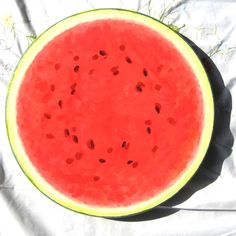 a piece of watermelon sitting on top of a white sheet